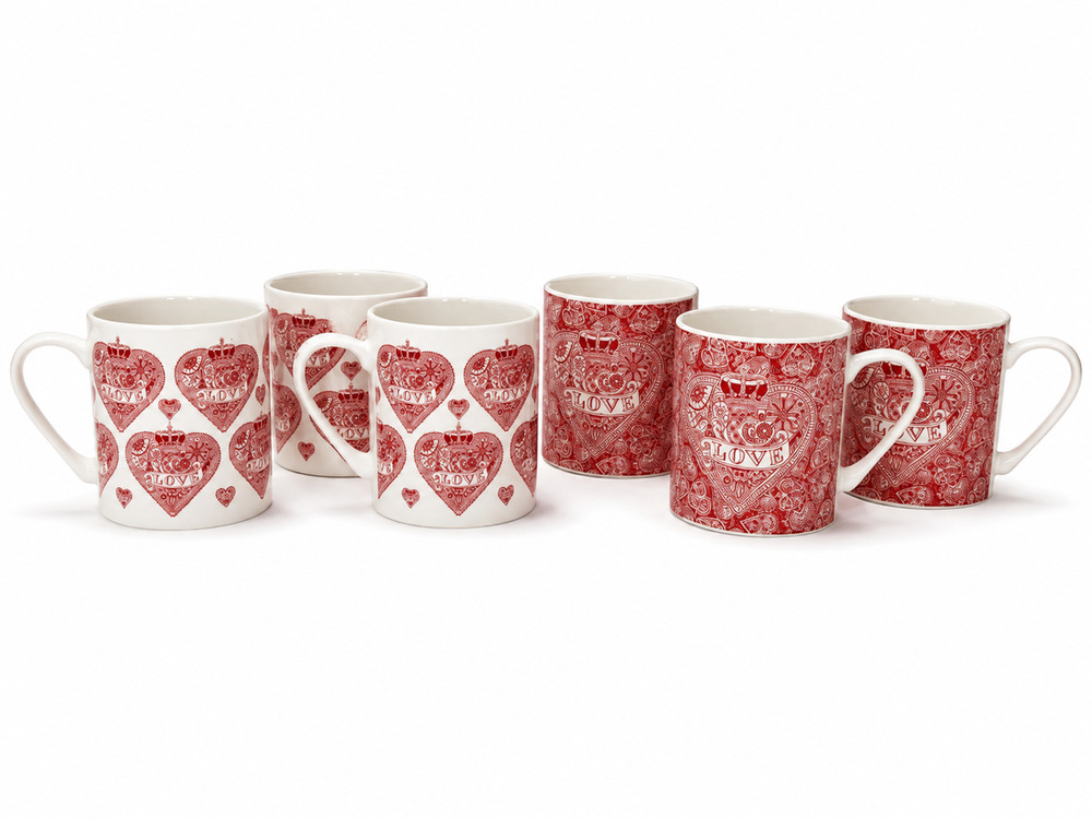 Set of 6 Queens Made With Love England Queen of Hearts Fine China Mugs